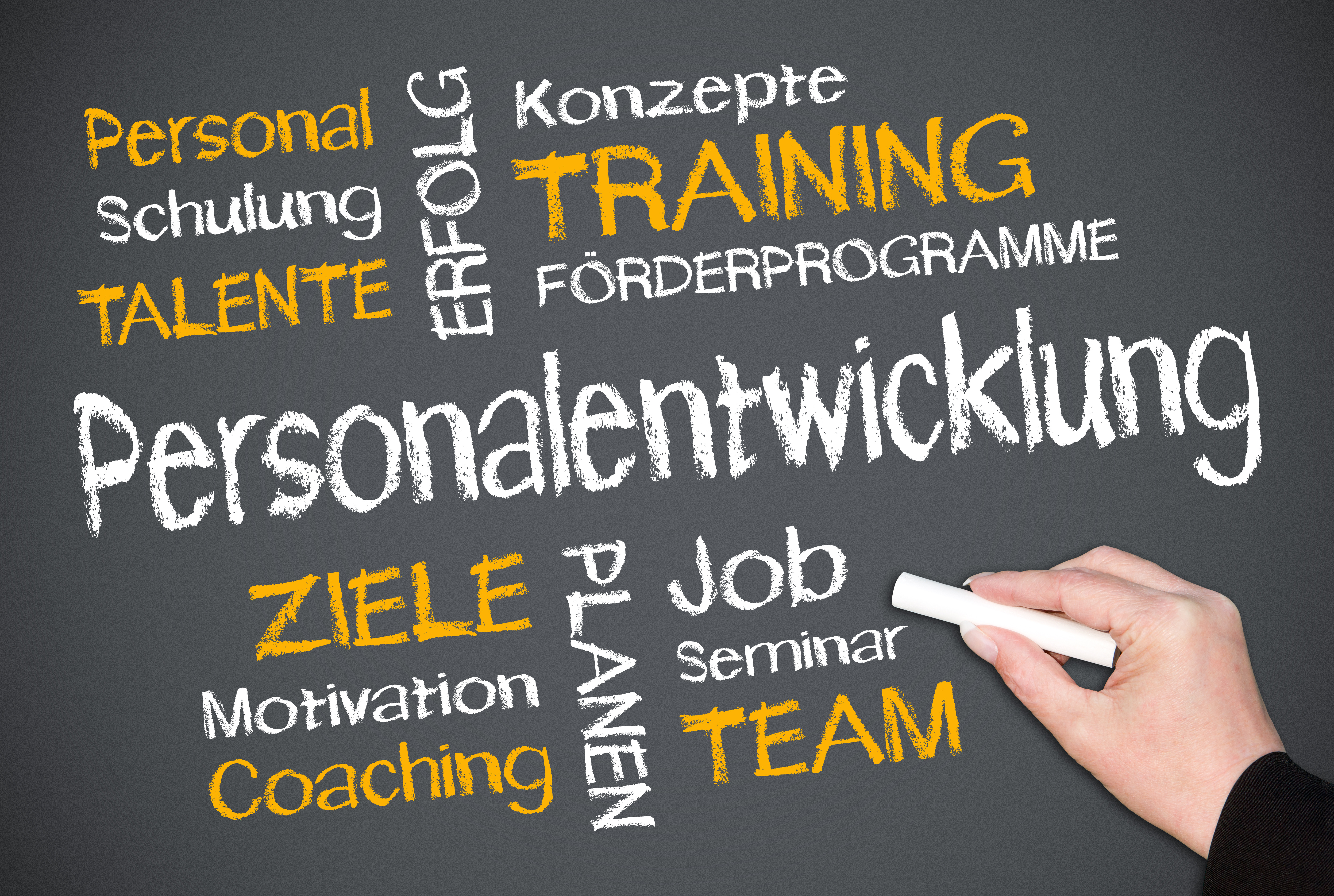 Terms written in chalk from the area of personnel development, such as goals, training and talent